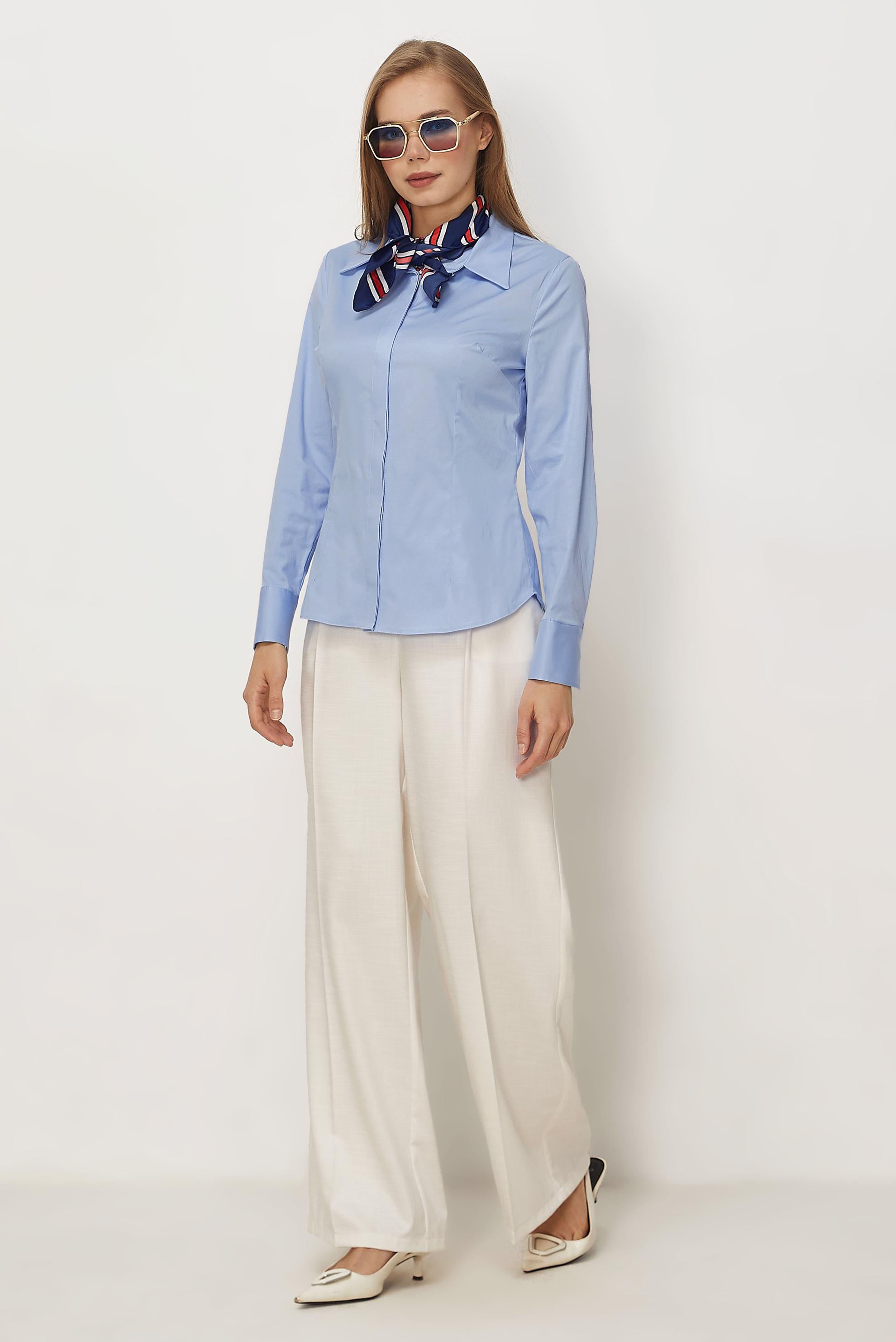 Hijab-Kleidung BLAU BLUSE AUS SATIN MIT HEMDKRAGEN 46529