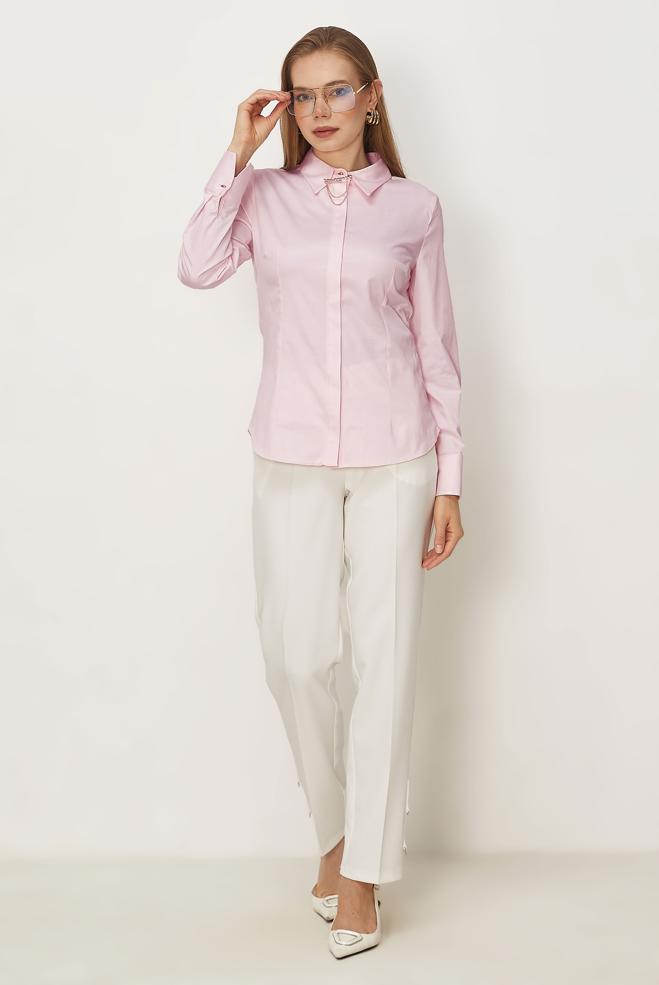 Hijab-Kleidung ROSA BLUSE AUS SATIN MIT HEMDKRAGEN 46529 - ALVİNA