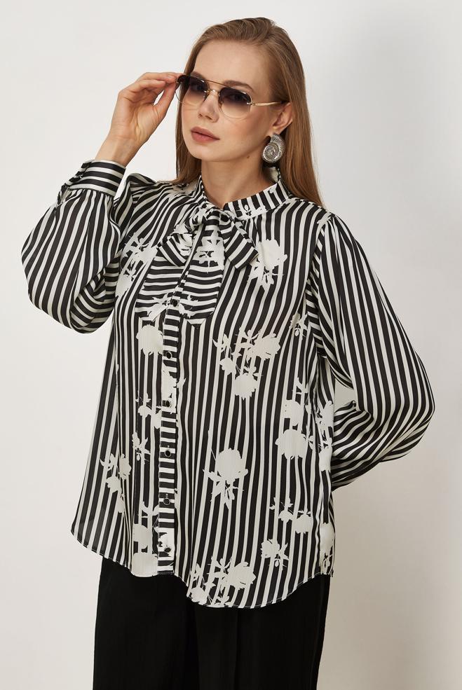 Vêtements hijab NOIR CHEMISIER EN SATIN À MOTIFS 46546 - ALVİNA