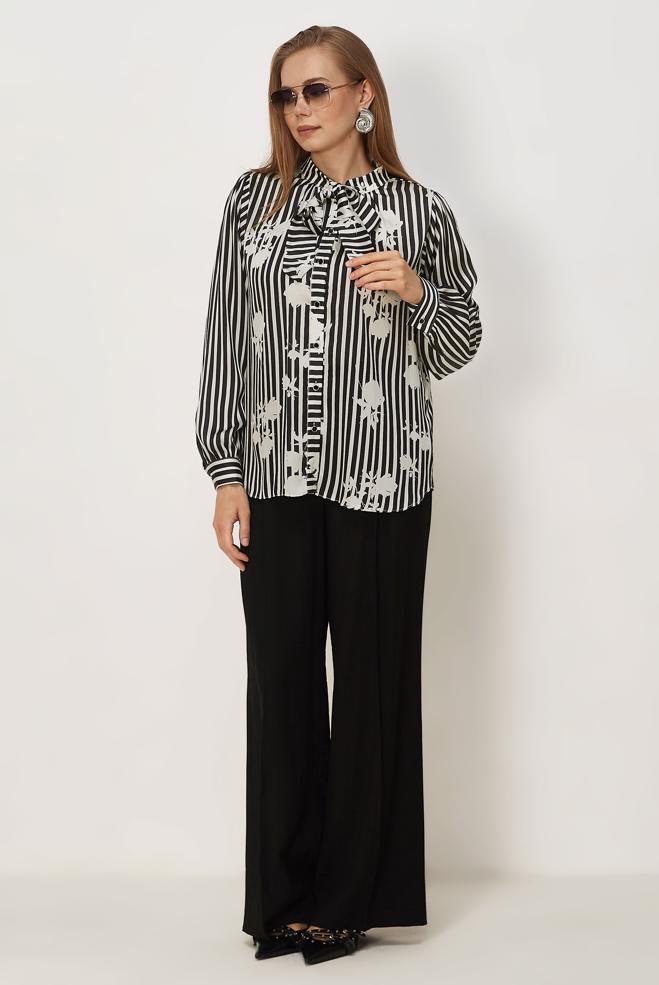 Vêtements hijab NOIR CHEMISIER EN SATIN À MOTIFS 46546 - ALVİNA
