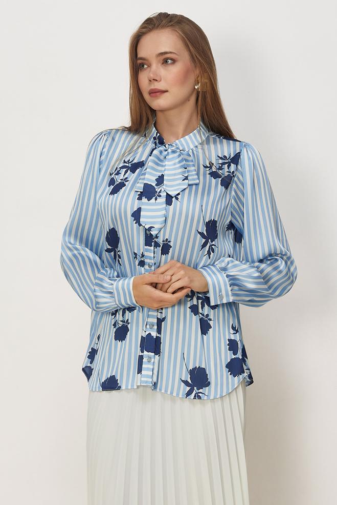 Vêtements hijab BLEU CHEMISIER EN SATIN À MOTIFS 46546 - ALVİNA