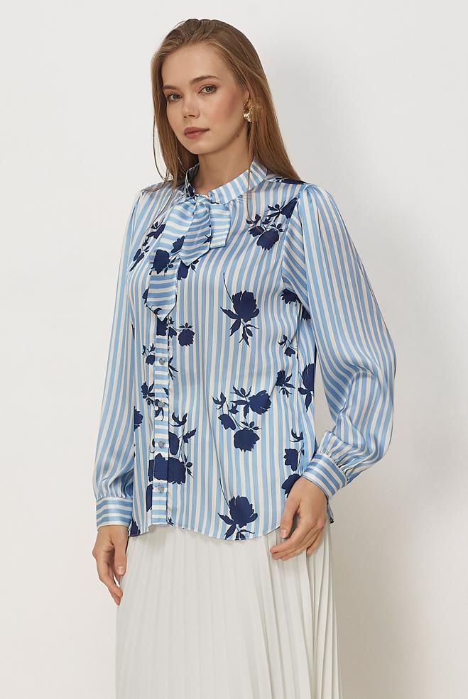 Vêtements hijab BLEU CHEMISIER EN SATIN À MOTIFS 46546 - ALVİNA