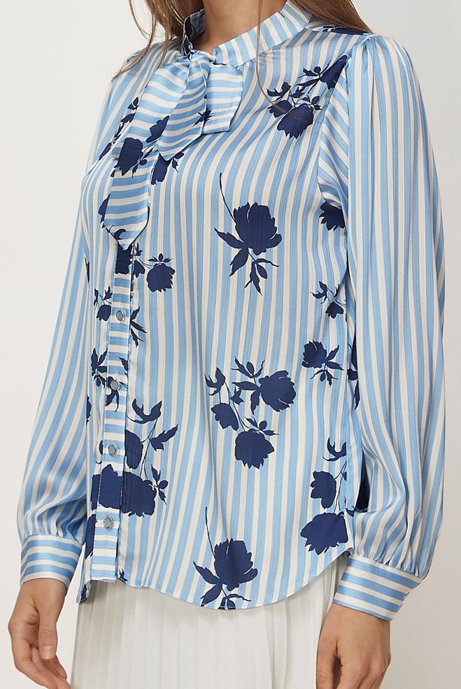 Vêtements hijab BLEU CHEMISIER EN SATIN À MOTIFS 46546 - ALVİNA