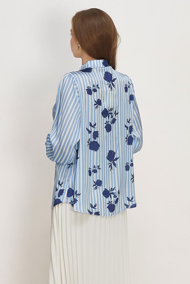 Vêtements hijab BLEU CHEMISIER EN SATIN À MOTIFS 46546 - ALVİNA