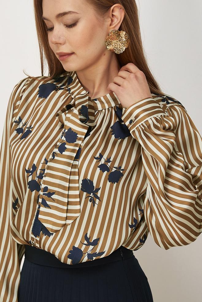 Vêtements hijab BEIGE CHEMISIER EN SATIN À MOTIFS 46546 - ALVİNA