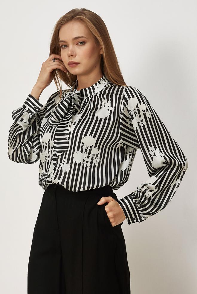 Vêtements hijab NOIR CHEMISIER EN SATIN À MOTIFS 46546-1 - ALVİNA