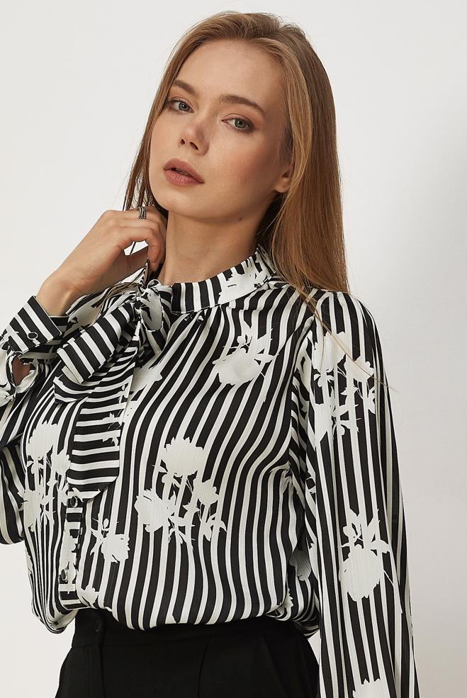 Vêtements hijab NOIR CHEMISIER EN SATIN À MOTIFS 46546-1 - ALVİNA