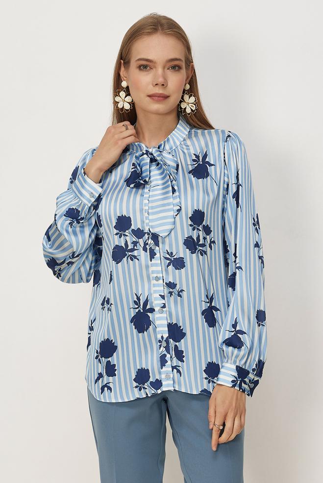 Vêtements hijab BLEU CHEMISIER EN SATIN À MOTIFS 46546-1 - ALVİNA