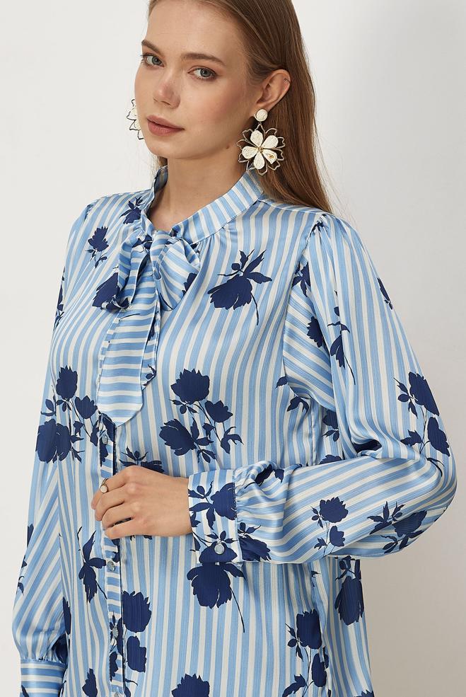 Vêtements hijab BLEU CHEMISIER EN SATIN À MOTIFS 46546-1 - ALVİNA