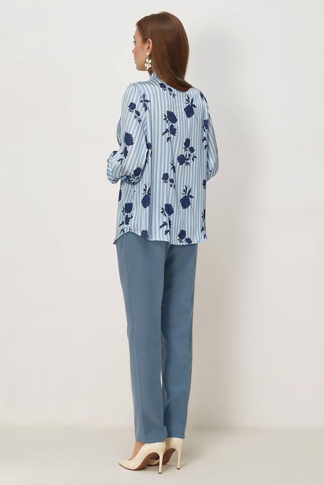 Vêtements hijab BLEU CHEMISIER EN SATIN À MOTIFS 46546-1 - ALVİNA