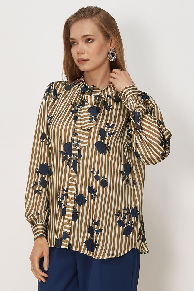 Vêtements hijab BEIGE CHEMISIER EN SATIN À MOTIFS 46546-1 - ALVİNA