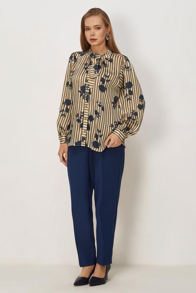 Vêtements hijab BEIGE CHEMISIER EN SATIN À MOTIFS 46546-1 - ALVİNA