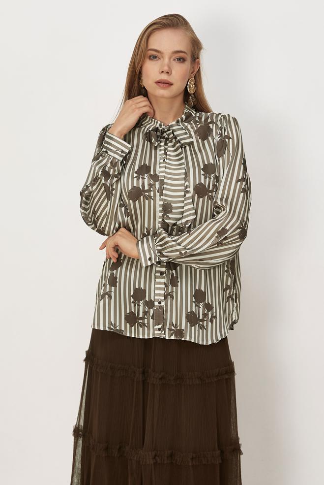 Vêtements hijab VISON CHEMISIER EN SATIN À MOTIFS 46546-1 - ALVİNA
