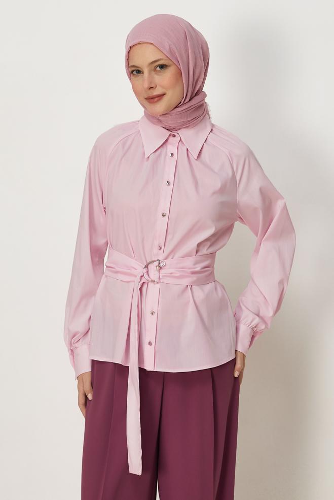 Tesettür giyim PEMBE KEMERLİ BLUZ 46646 - ALVİNA