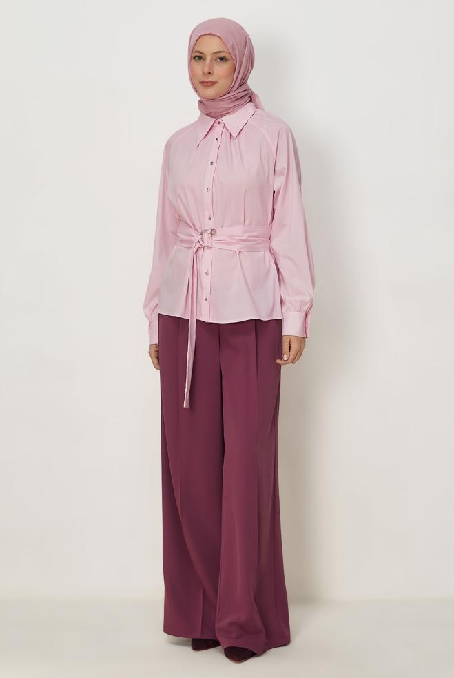 Tesettür giyim PEMBE KEMERLİ BLUZ 46646 - ALVİNA