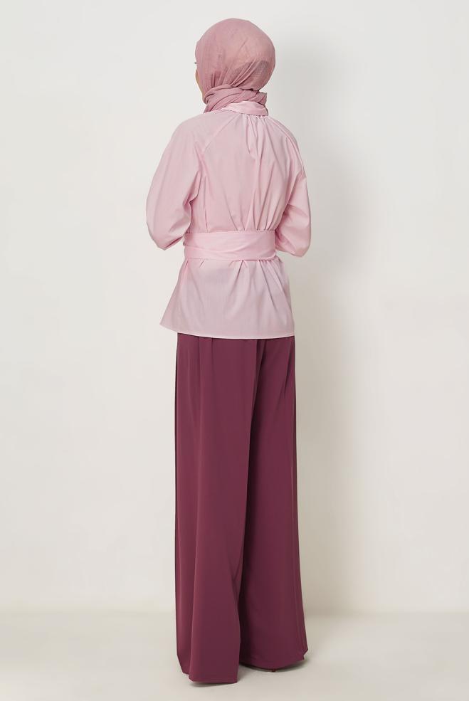 Tesettür giyim PEMBE KEMERLİ BLUZ 46646 - ALVİNA
