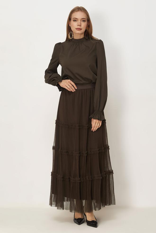 Vêtements hijab BRUN CHEMISIER À COL MONTANT 46657 - ALVİNA