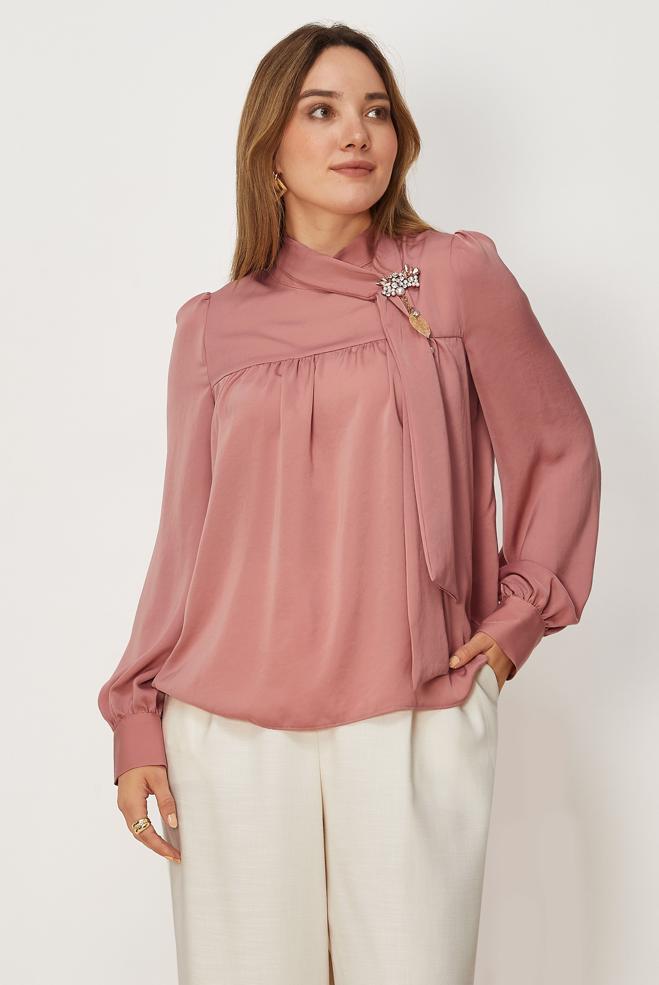 Vêtements hijab POUDRE CHEMISIER EN SATIN À COL MONTANT 46662 - ALVİNA