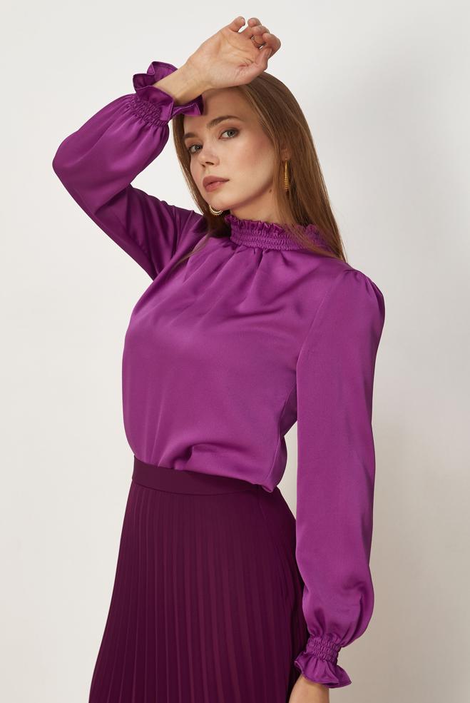 Vêtements hijab  CHEMISIER EN SATIN À COL MONTANT 46687 - ALVİNA