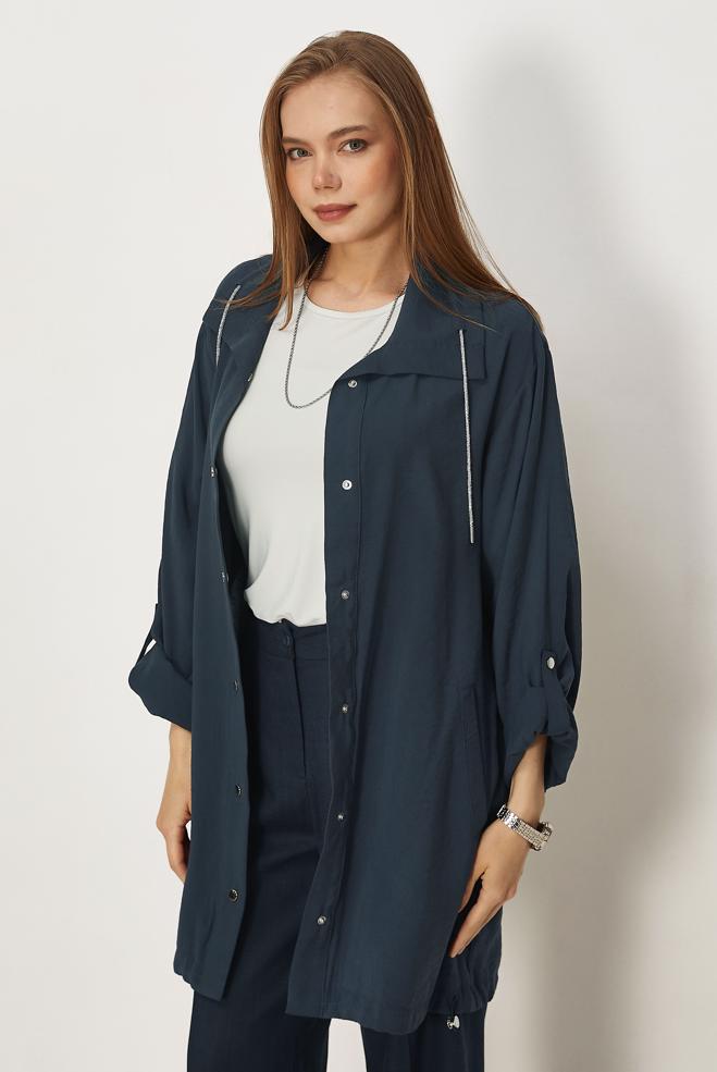 Hijab-Kleidung NAVY BLAU MODALJACKE MIT HEMDKRAGEN 46345 - ALVİNA