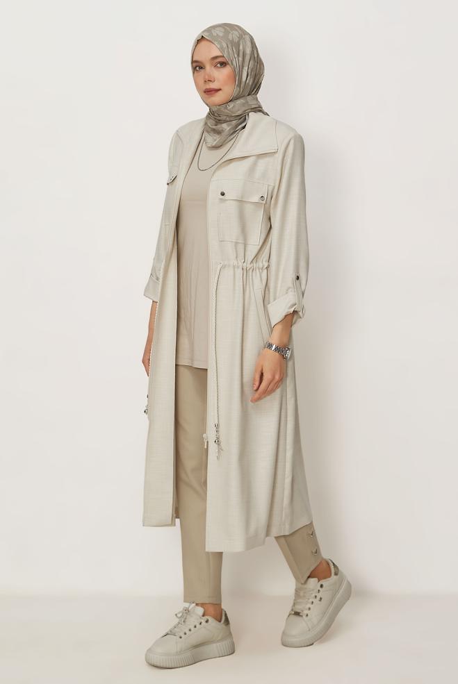 Hijab clothing BEIGE SMOCKED WAIST JACKET 46350 - ALVİNA