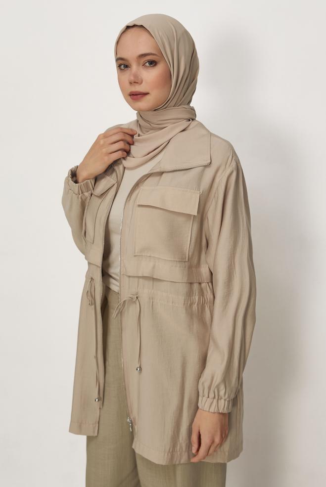Hijab clothing BEIGE SMOCKED WAIST JACKET 46354 - ALVİNA
