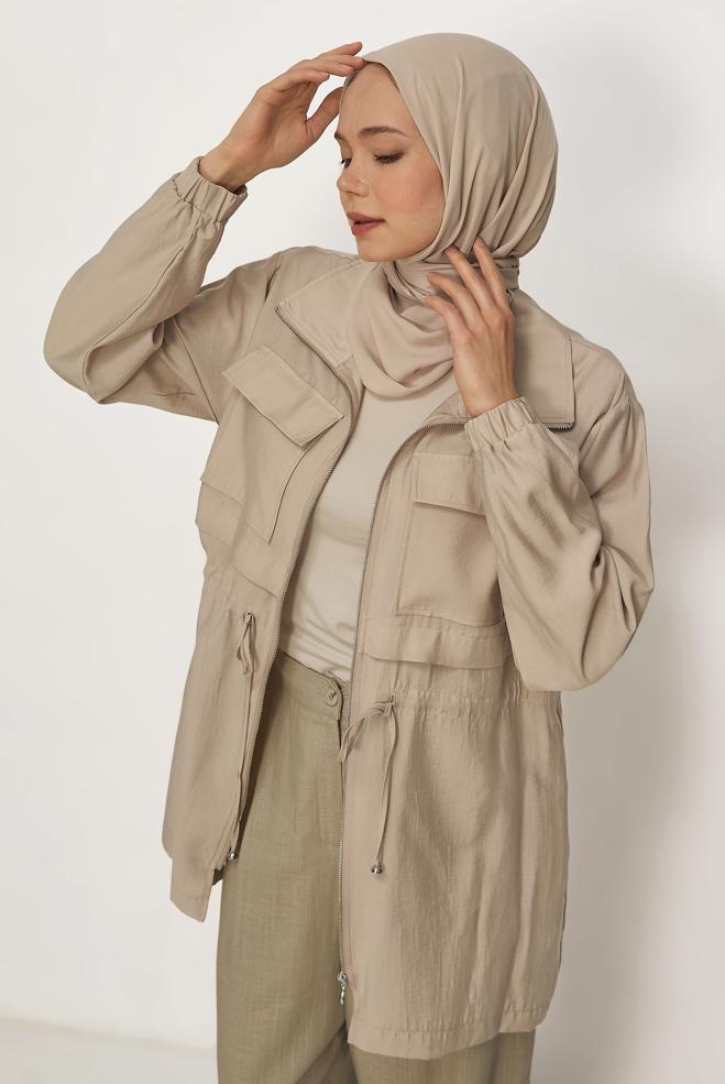 Hijab clothing BEIGE SMOCKED WAIST JACKET 46354 - ALVİNA
