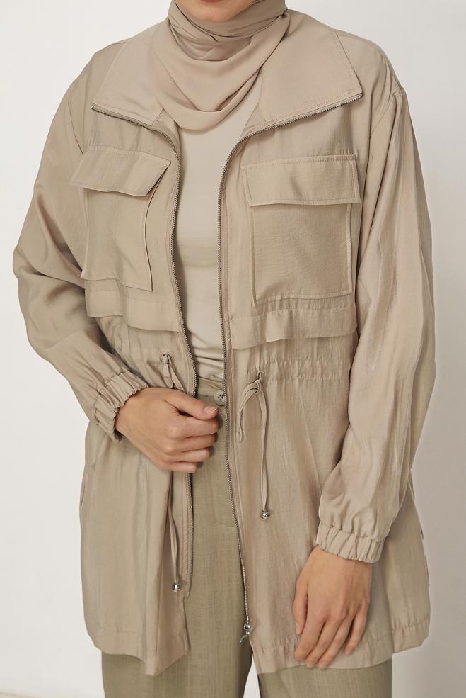 Hijab clothing BEIGE SMOCKED WAIST JACKET 46354 - ALVİNA