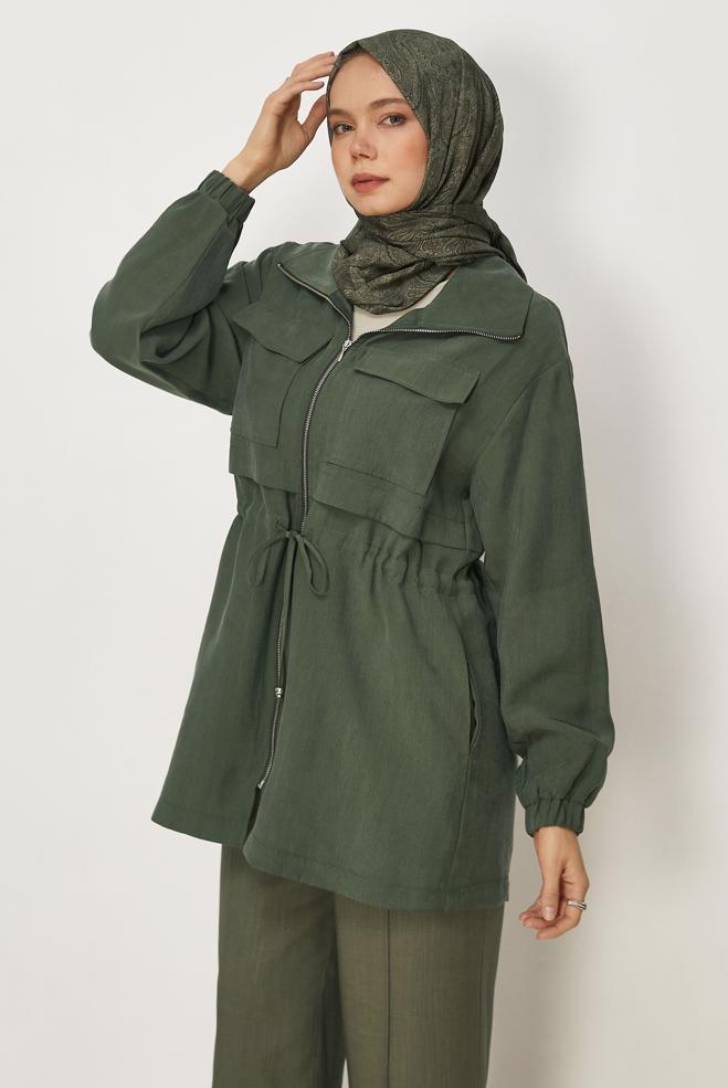 Hijab-Kleidung KHAKI JACKE MIT GESMOKTEM BUND 46354 - ALVİNA