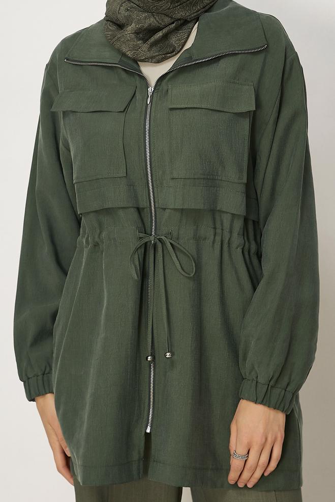 Hijab-Kleidung KHAKI JACKE MIT GESMOKTEM BUND 46354 - ALVİNA