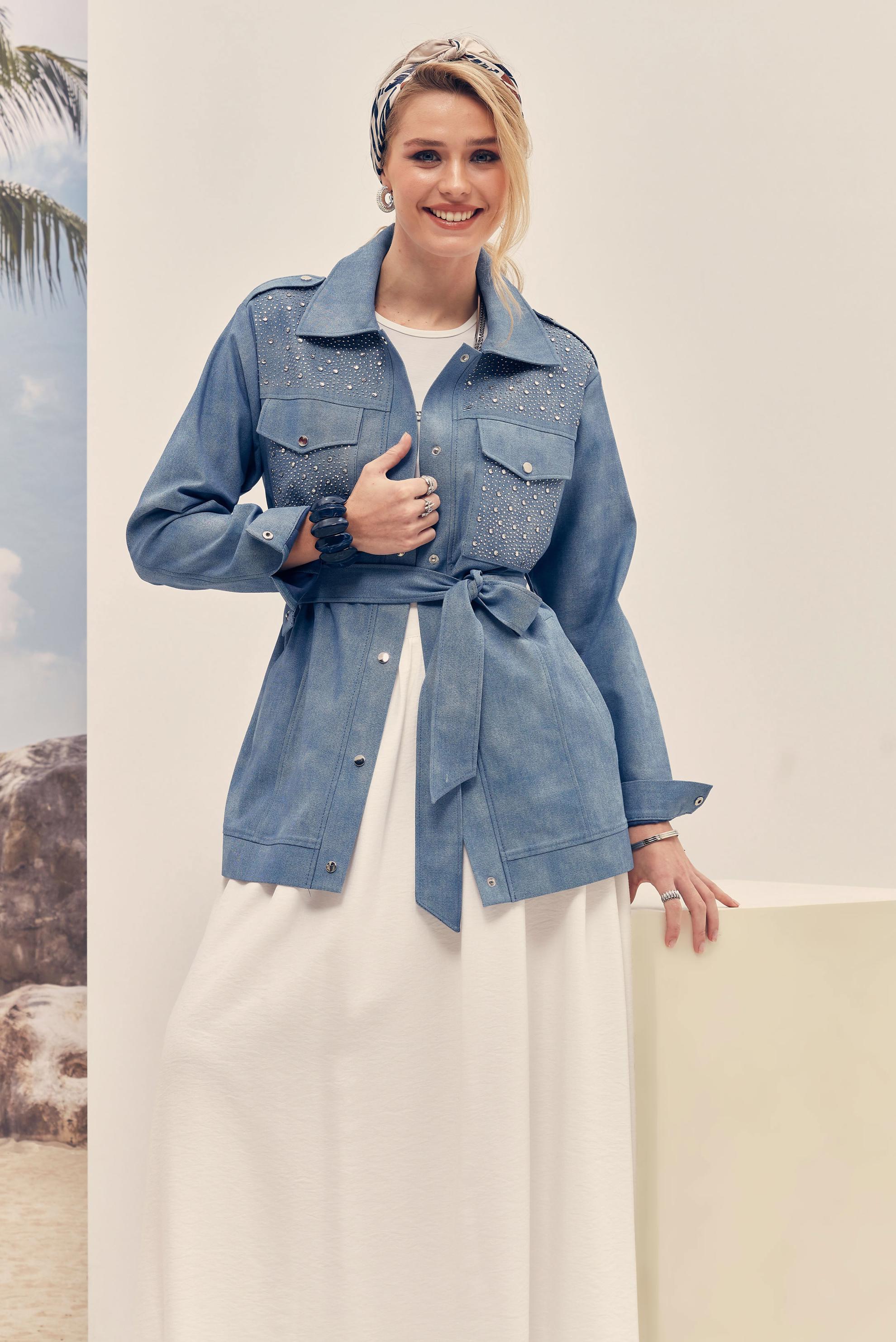 Tesettür giyim MAVİ KUŞAKLI DENİM GÖRÜNÜMLÜ CEKET 46383