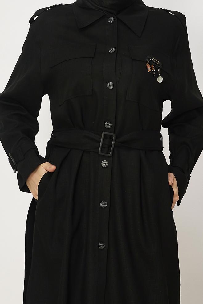 Hijab-Kleidung SCHWARZ LEINENJACKE MIT GÜRTEL 46393 - ALVİNA