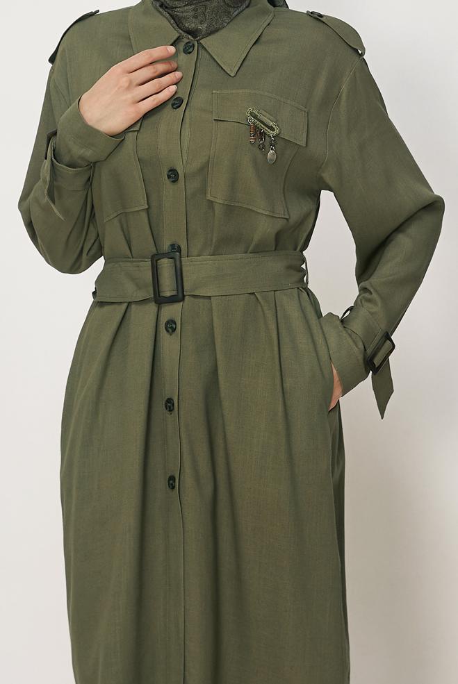 Hijab-Kleidung KHAKI LEINENJACKE MIT GÜRTEL 46393 - ALVİNA