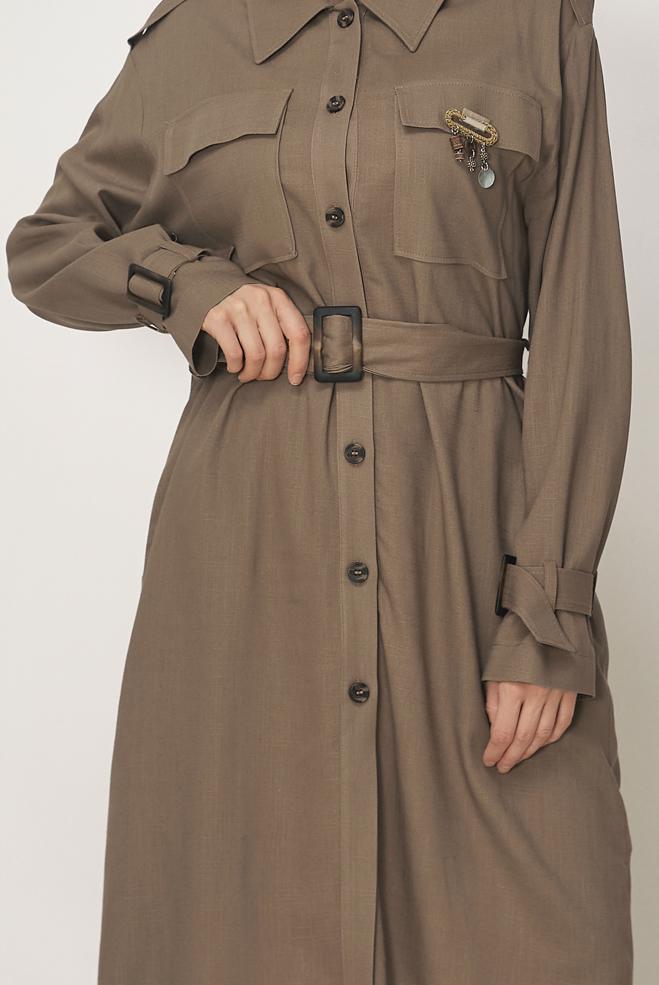 Hijab-Kleidung NERZ LEINENJACKE MIT GÜRTEL 46393 - ALVİNA