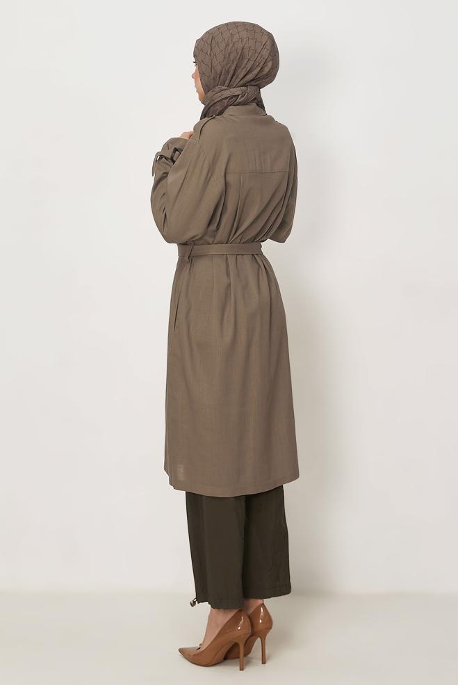 Hijab-Kleidung NERZ LEINENJACKE MIT GÜRTEL 46393 - ALVİNA