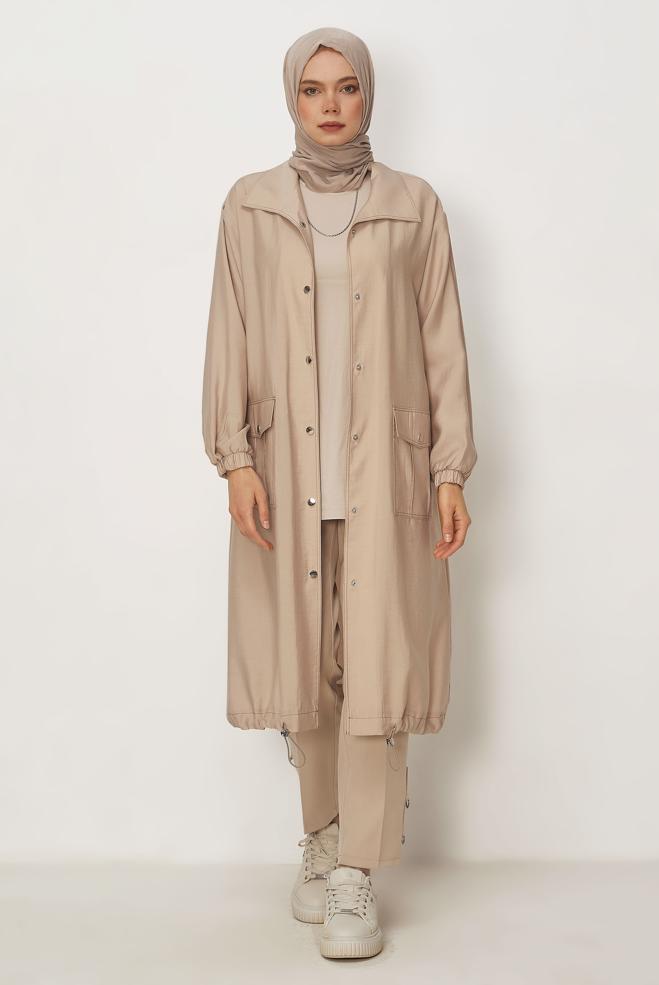 Hijab clothing BEIGE SMOCKED DETAIL JACKET 46396 - ALVİNA