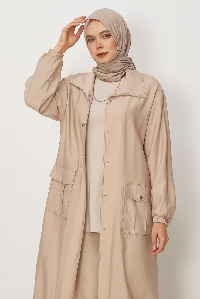 Hijab clothing BEIGE SMOCKED DETAIL JACKET 46396 - ALVİNA