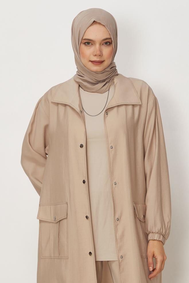Hijab clothing BEIGE SMOCKED DETAIL JACKET 46396 - ALVİNA
