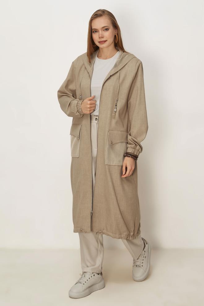 Hijab clothing BEIGE HOODED JACKET 46398 - ALVİNA