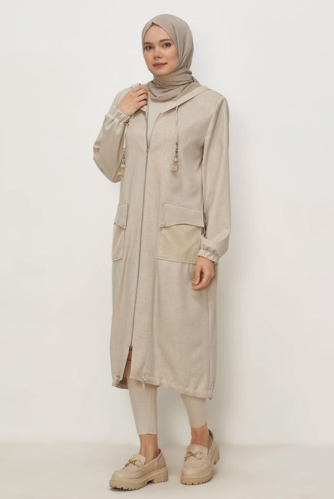 Vêtements hijab BEIGE VESTE À CAPUCHE 46398 - ALVİNA
