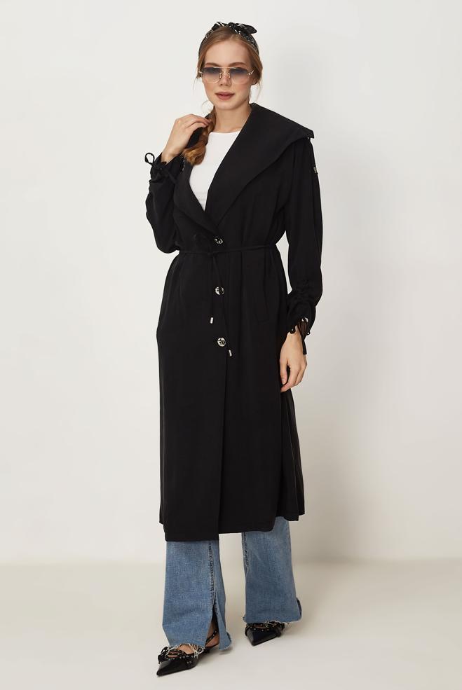 Hijab-Kleidung SCHWARZ JACKE AUS MODAL MIT GÜRTEL 46439 - ALVİNA