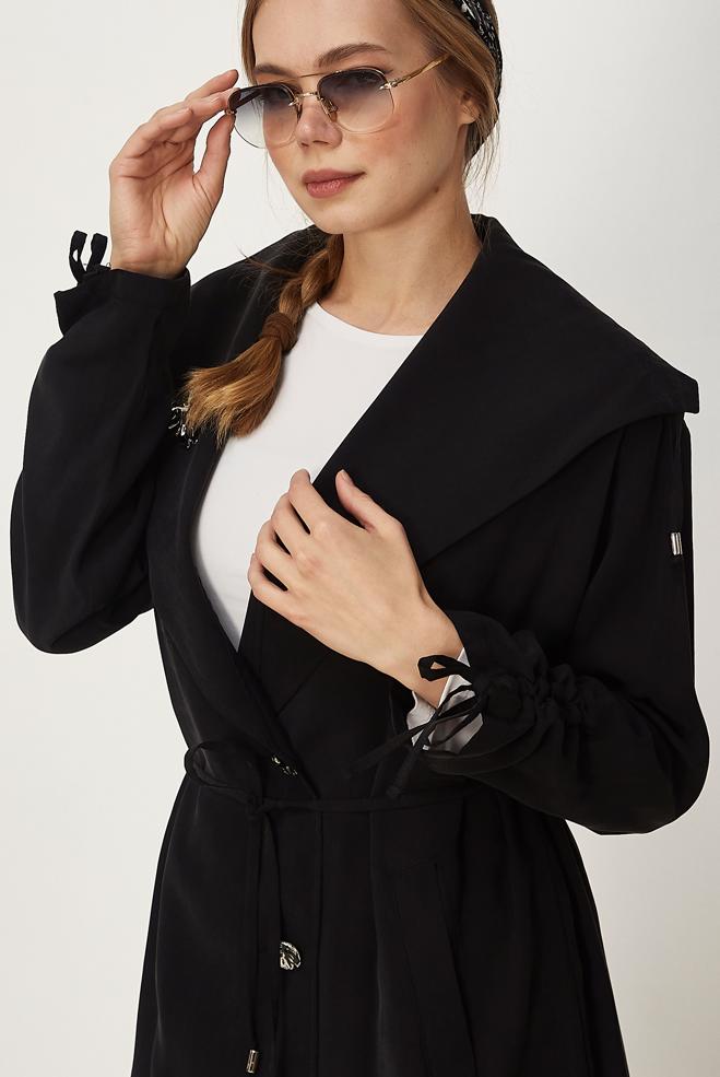 Hijab-Kleidung SCHWARZ JACKE AUS MODAL MIT GÜRTEL 46439 - ALVİNA