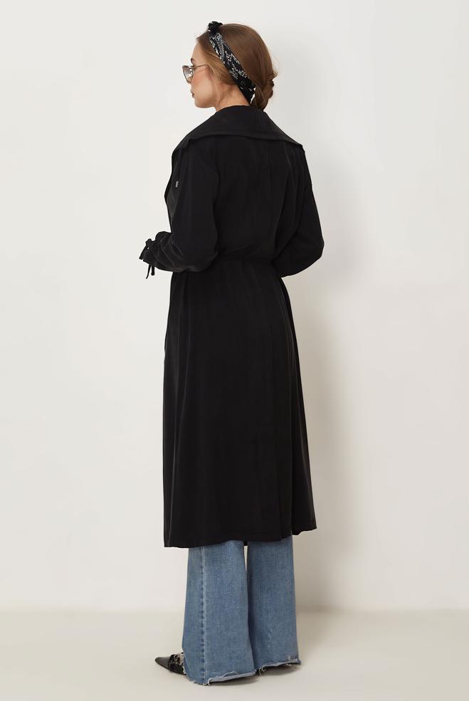 Hijab-Kleidung SCHWARZ JACKE AUS MODAL MIT GÜRTEL 46439 - ALVİNA