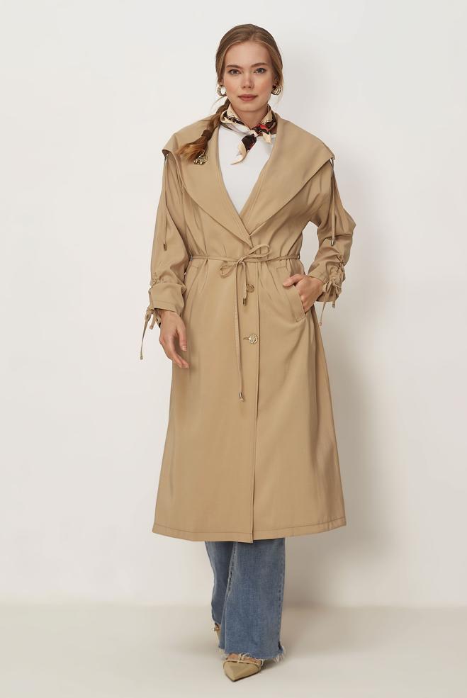 Hijab-Kleidung BRAUN JACKE AUS MODAL MIT GÜRTEL 46439 - ALVİNA