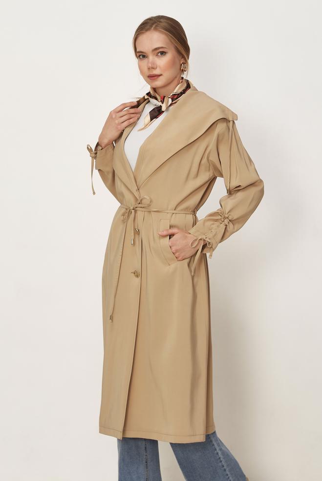 Hijab-Kleidung BRAUN JACKE AUS MODAL MIT GÜRTEL 46439 - ALVİNA