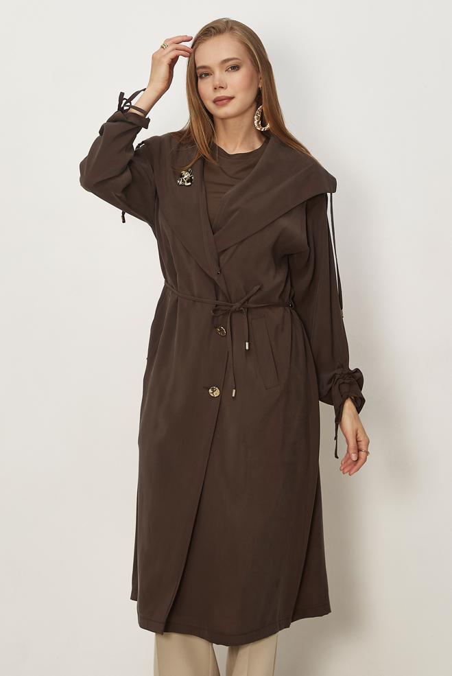 Hijab-Kleidung BRAUN JACKE AUS MODAL MIT GÜRTEL 46439 - ALVİNA