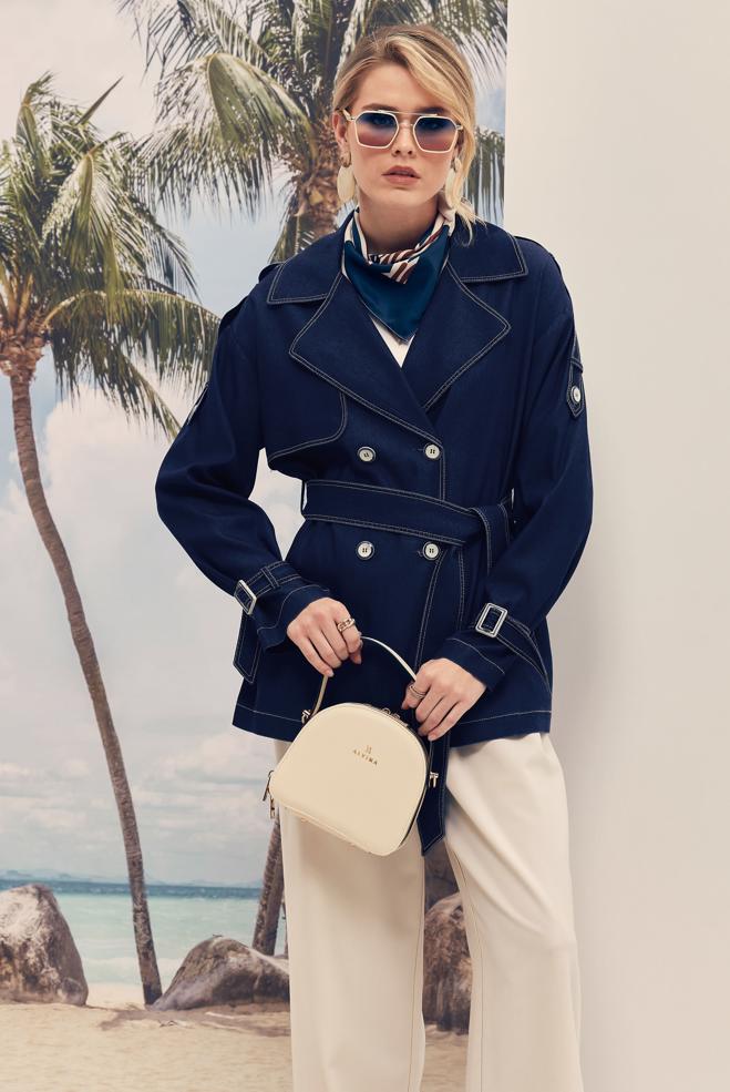 Hijab-Kleidung NAVY BLAU JEANSJACKE MIT GÜRTEL 46445 - ALVİNA