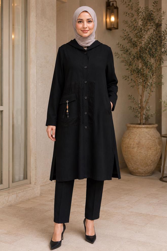 Vêtements hijab NOIR VESTE À CAPUCHE EFFET LIN 46531 - ALVİNA