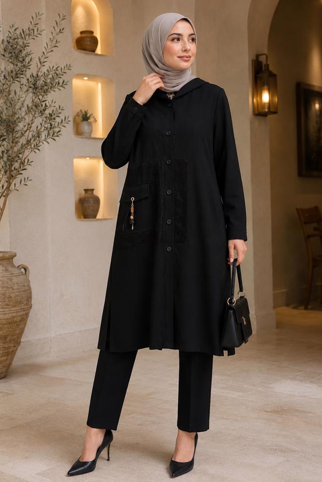 Vêtements hijab NOIR VESTE À CAPUCHE EFFET LIN 46531 - ALVİNA