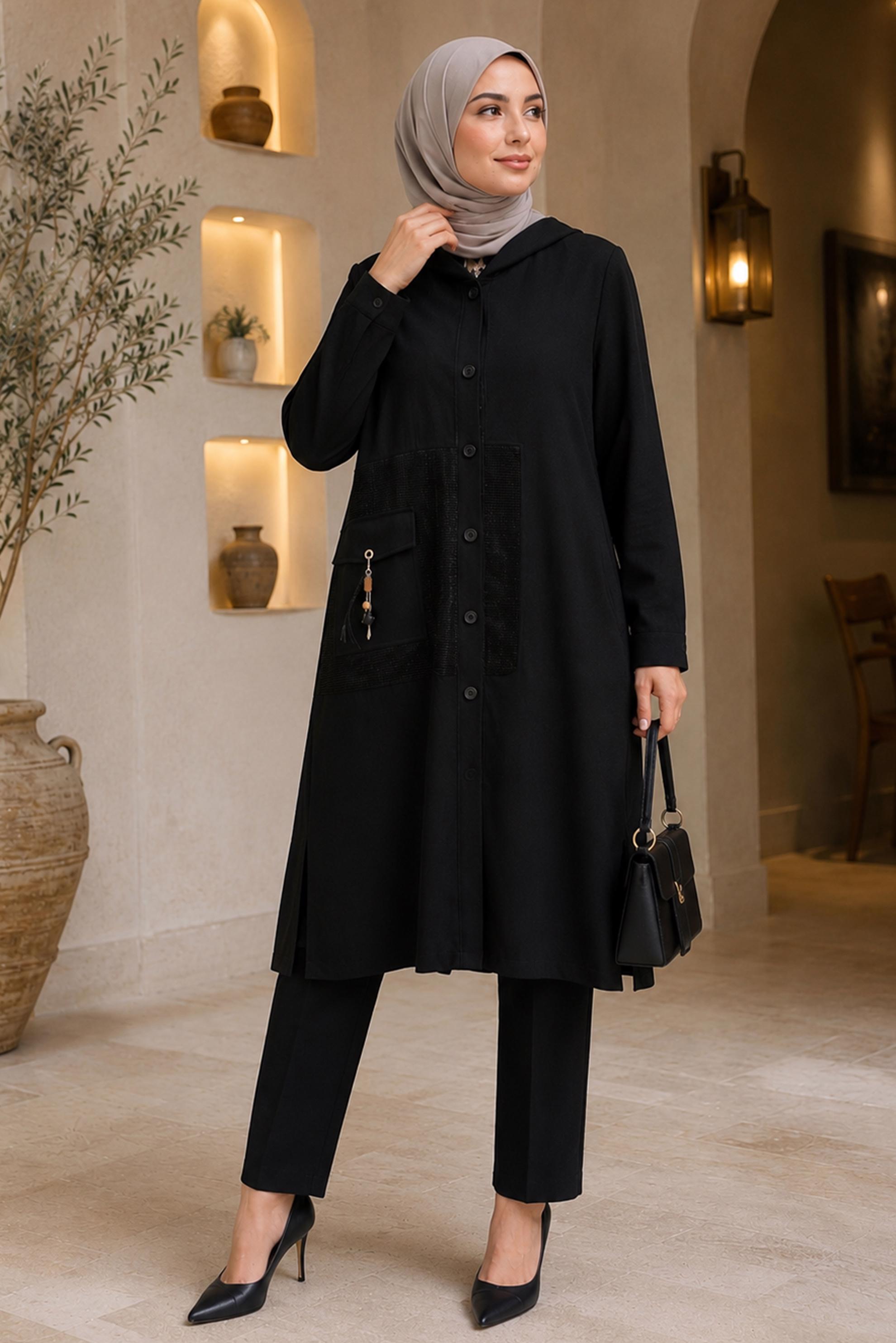 Vêtements hijab NOIR VESTE À CAPUCHE EFFET LIN 46531